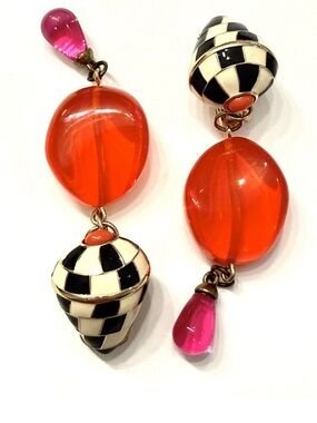 Kenneth Lane Pink + Black & White Checkerboard Conch Shell KJL Drop Earrings